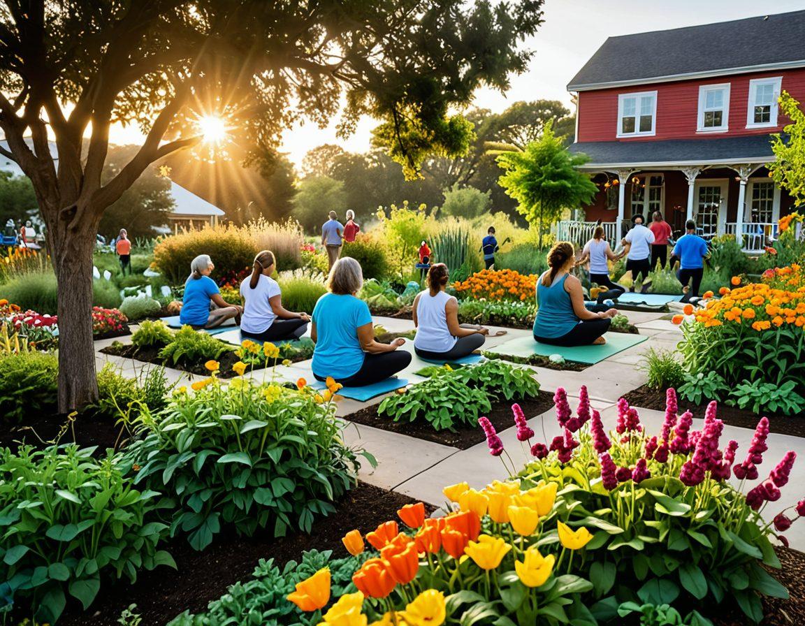 A vibrant community garden scene with diverse individuals practicing kindness through teamwork, planting flowers and vegetables together. In the background, a warm sunset casts a golden glow, symbolizing unity and growth, while cheerful butterflies flutter above. Include visual elements representing holistic health like fruits, yoga mats, and meditation spots. super-realistic. vibrant colors. warm tones.