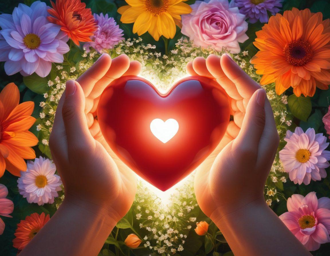 A serene setting featuring two hands gently cupping a glowing heart, symbolizing emotional support and healing. In the background, blooming flowers and soft, soothing colors create a sense of tranquility. Include a diverse group of individuals in the foreground sharing supportive gestures, evoking connection and compassion. The overall vibe should be warm, inviting, and uplifting. super-realistic. vibrant colors. soft focus.