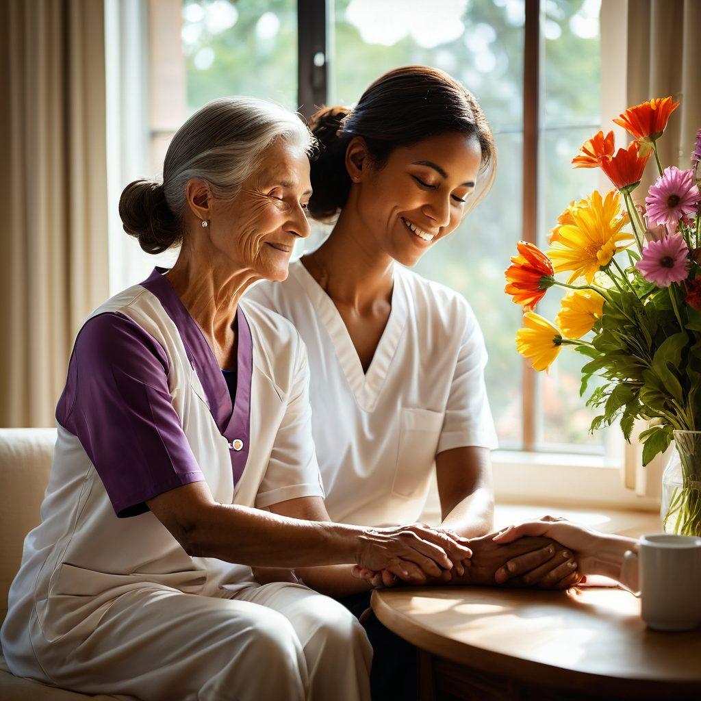 A serene scene depicting a warm, compassionate caregiver gently holding the hand of a patient, surrounded by soft natural light and blooming flowers, symbolizing emotional support and healing. Incorporate diverse individuals to emphasize inclusivity and connection. super-realistic. vibrant colors. warm tones.